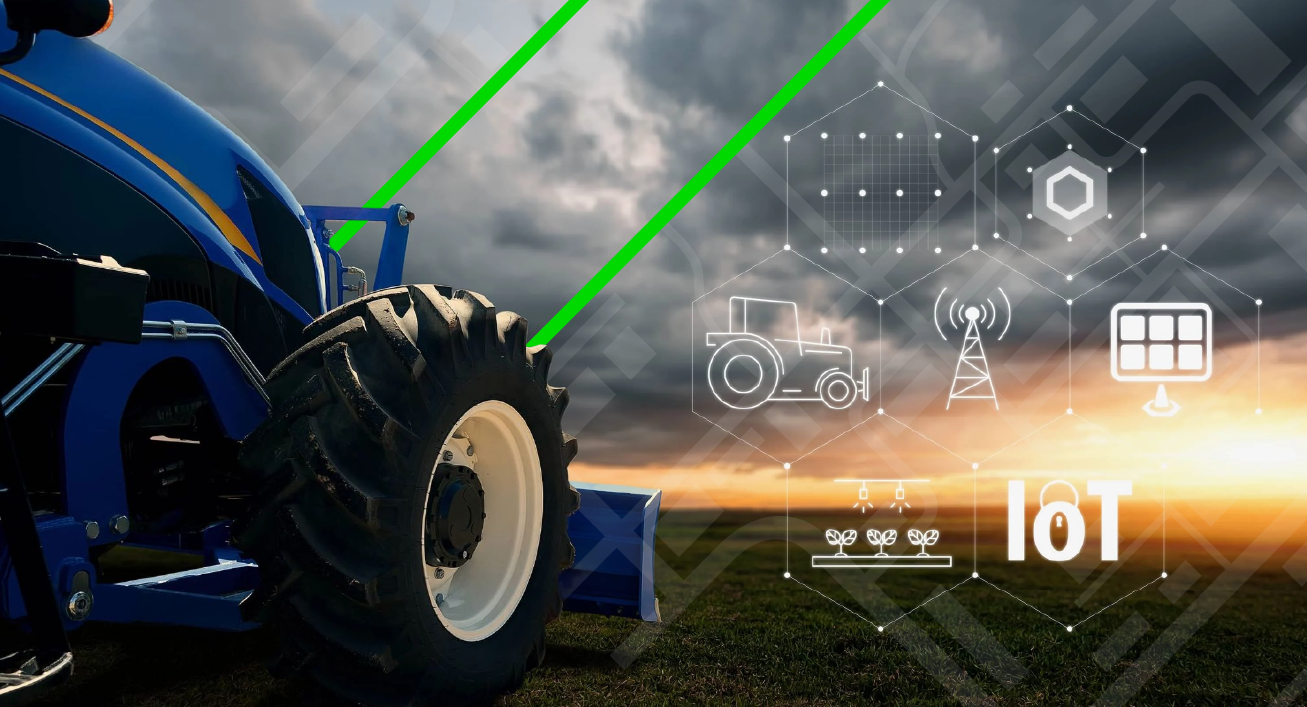 Equipamento agrícola em um campo com elementos que remetem a tecnologia ao seu lado e um símbolo check verde ao fundo.