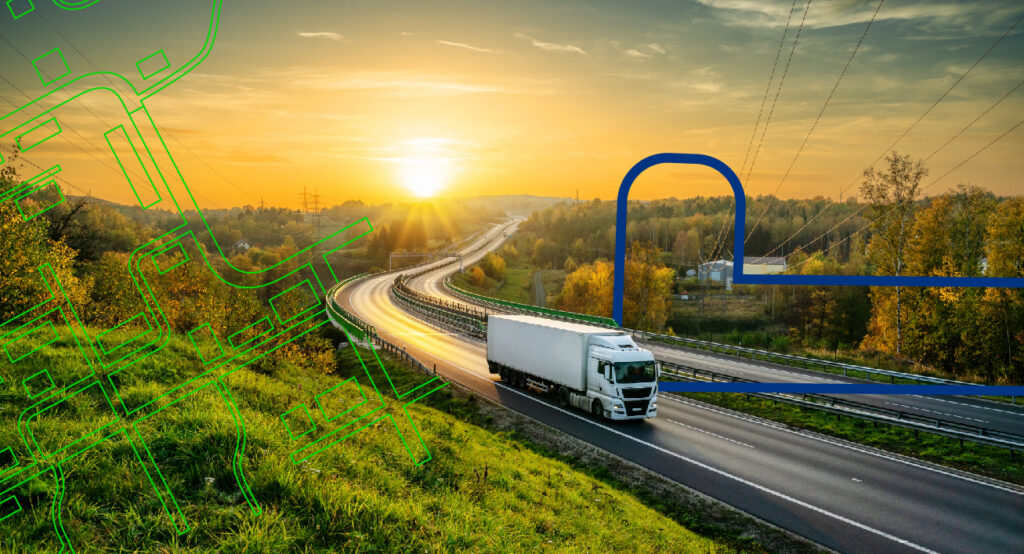 Um caminhão na estrada, fazendo transporte. Logística de Suprimentos