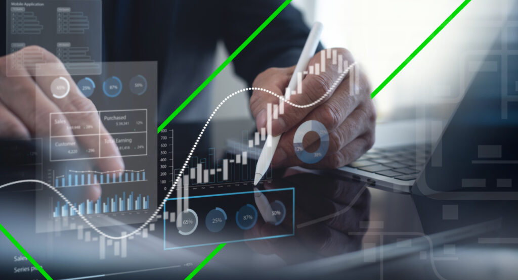 Análise de dados em tempo real: gráficos sendo analisados virtualmente.