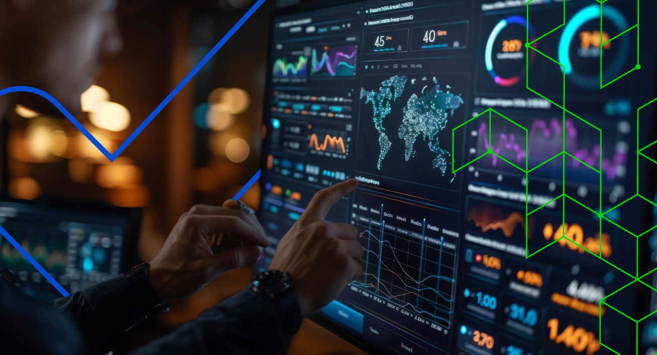 Dashboards interativos: pessoa analisando dados em gráficos virtuais